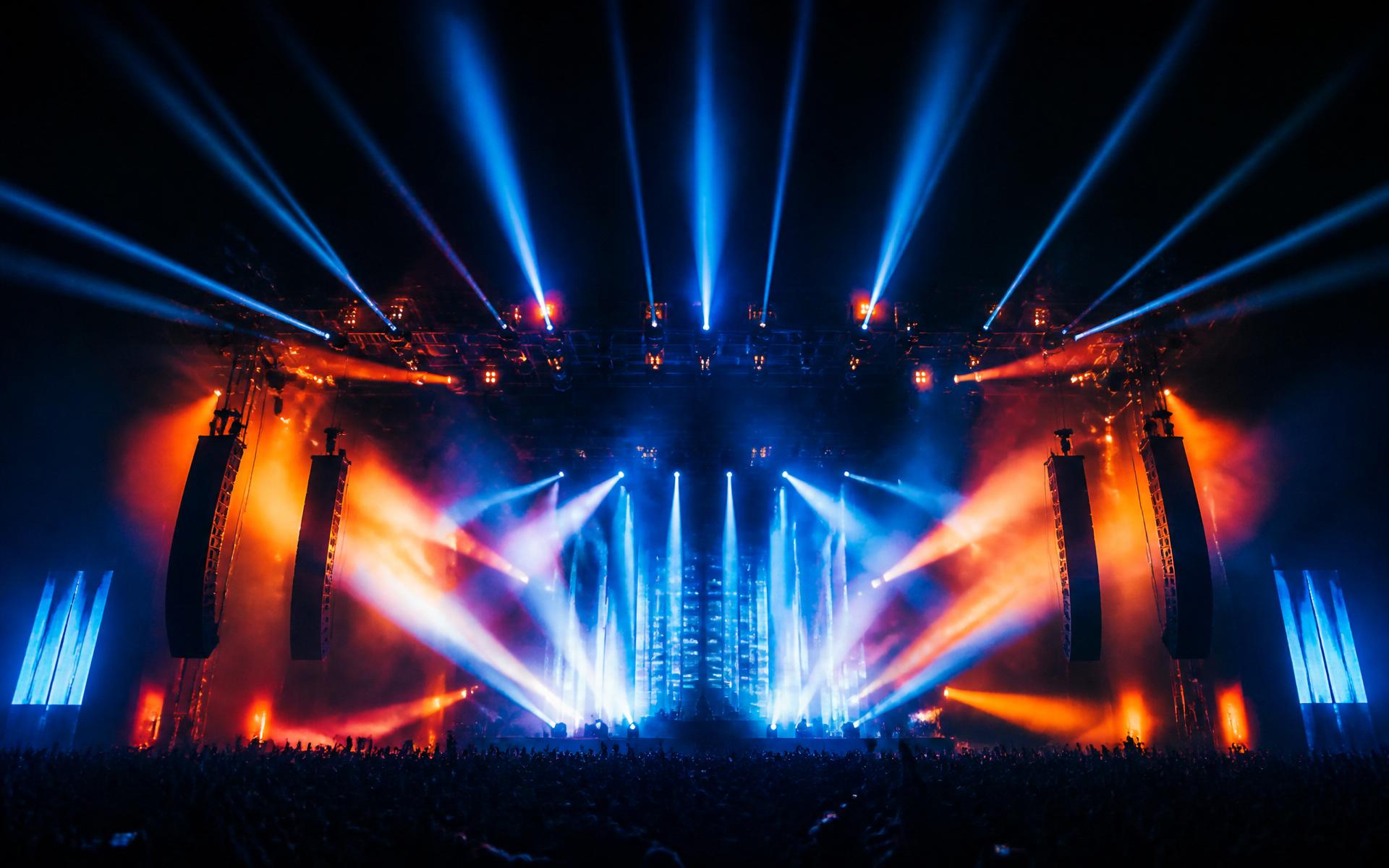 Palco iluminado com line array e moving heads